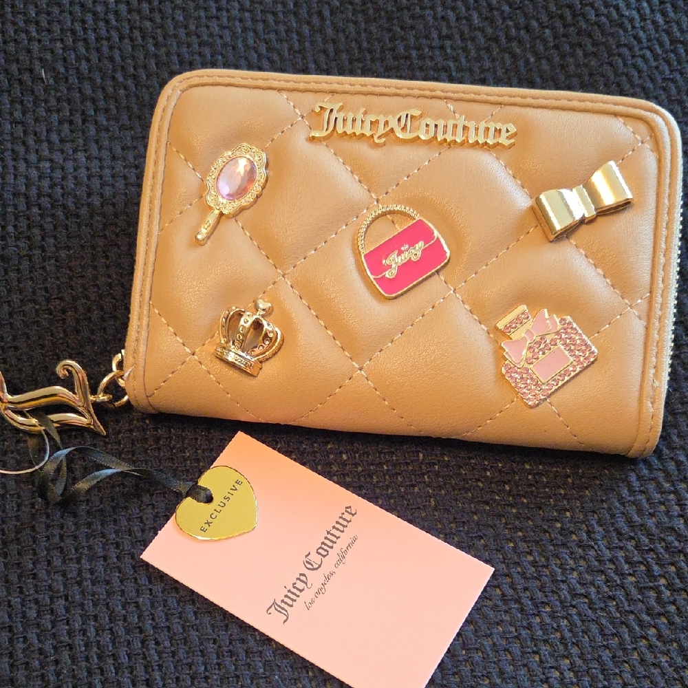 Juicy Couture Quilted Tan Zip Wallet with Decorative Pins